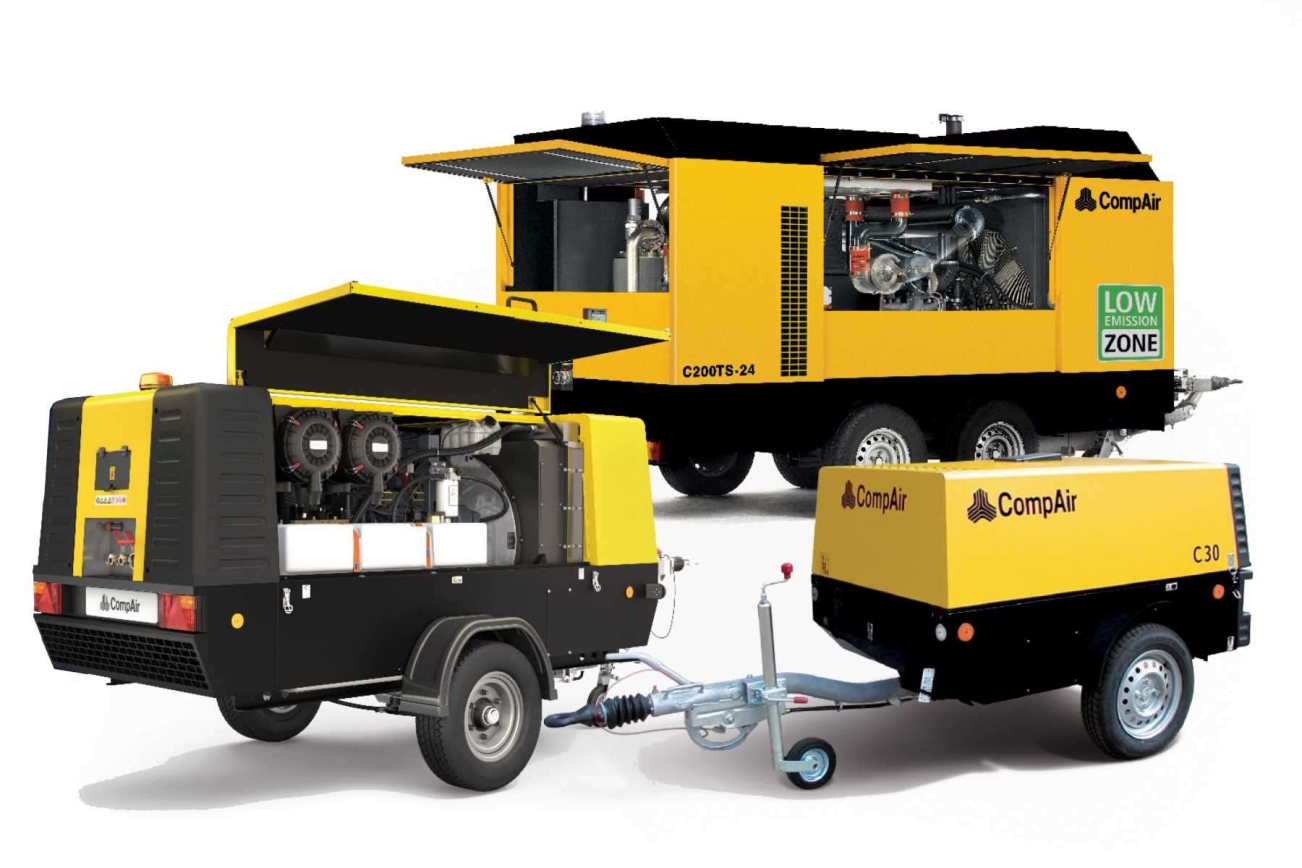 Drei verschiedene Compair Kompressoren auf weissem Hintergrund