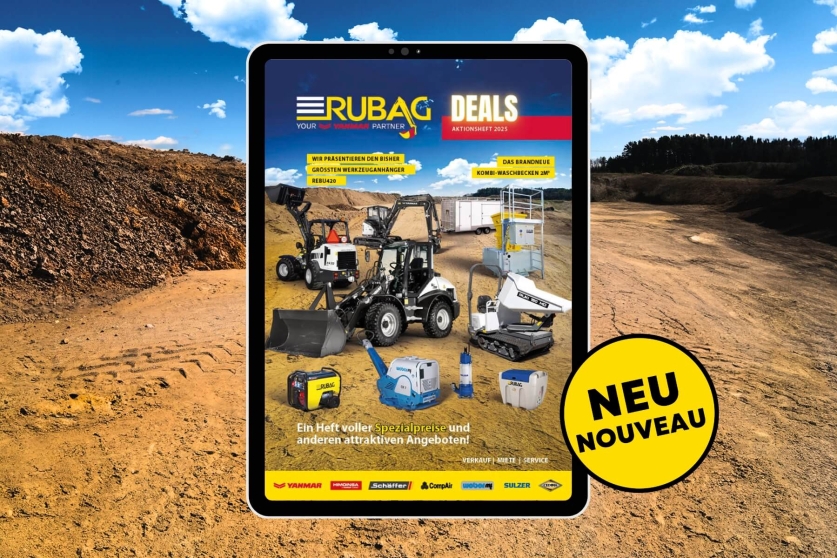 RUBAG Baumaschinen auf Tablet mit Baustellenhintergrund